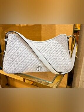 Tory Burch Thea White Woven Zip Top Shoulder Bag